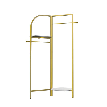 Vrijstaande Gouden Kapstok met Plank - Industrieel Kledingrek met Marmertextuur - 2 Tiers - Stabiele Metalen Constructie