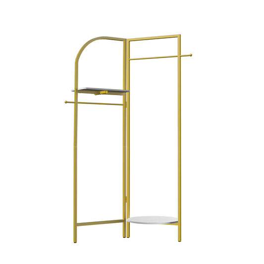Vrijstaande Gouden Kapstok met Plank - Industrieel Kledingrek met Marmertextuur - 2 Tiers - Stabiele Metalen Constructie