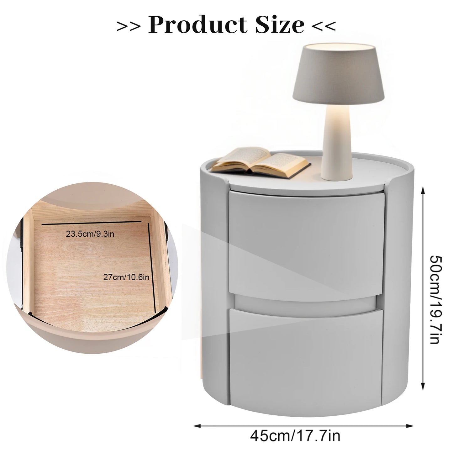 Ronde Nachtkastje – Bijzettafeltje – Bedkastje – Opbergkastje – Ladeblok – Grijs – Modern Houten Frame – Zadel-Leerlook Blad