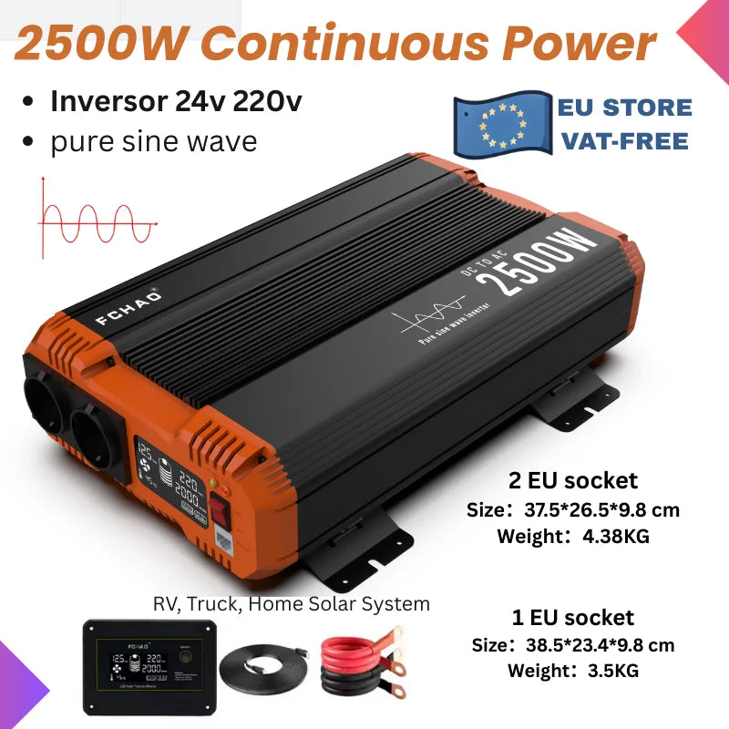 Omvormer – Spanningsomvormer – Inverter – Stroomomzetter – Zuivere Sinusgolf – 2500W Vermogen – LCD-Display Met Afstandsbediening