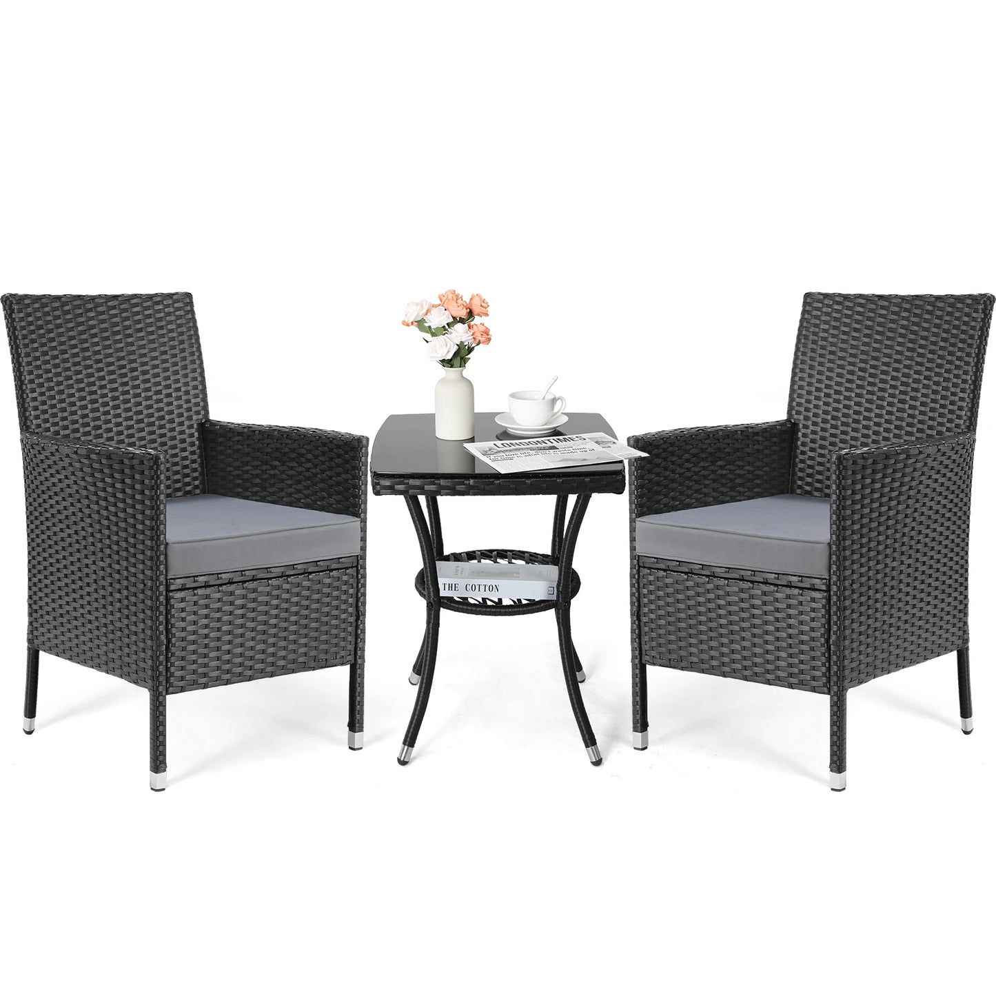 Loungeset – Tuinmeubilair – Balkonset – Loungeset 3-Delig – PE-Rattan – Weerbestendig – Met Glazen Tafel - QUORE