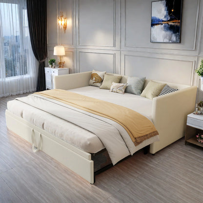 2-in-1 Gestoffeerd Bed – Uittrekbaar Bed – Sofa Bed – Logeerbed – Multifunctioneel Bed – Grijs – Velvet Bekleding – Stevige Lattenbodem Tot 270 kg - QUORE