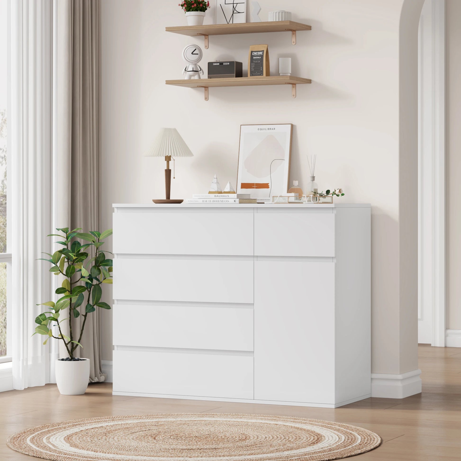 Ladekast – Dressoir – Opbergkast – Bergkast – Kast – Hoog Model – 5 Laden + 1 Deur – Mat Wit Met Zwarte Accenten – 100x80x40 cm – Veel Opbergruimte - QUORE