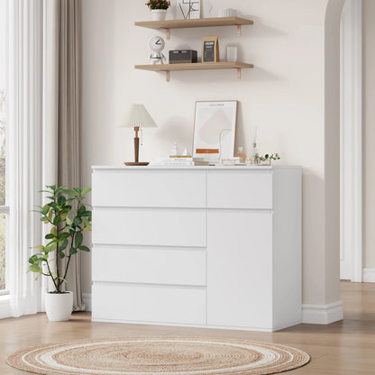 Hoge Ladekast – Kast – Opbergmeubel – Dressoir – Bergkast – Tonal White Met Zwart Accent – 5 Lades En 1 Deur – 100x80x40 cm – Duurzaam MDF