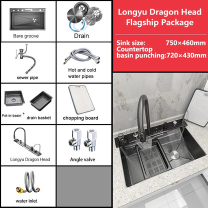 Stainless Steel Waterfall Kitchen Sink Large Single Slot With Digital Display Faucet Apartment Multifunctional Wash Basin