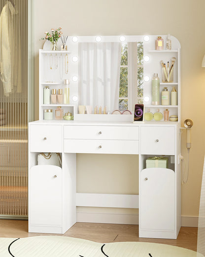 Make-uptafel – Kaptafel – Visagie tafel – Make-up bureau – Witte make-uptafel – LED-verlichting met instelbare lichtsterkte – 2 Grote laden met sieradentrays - QUORE