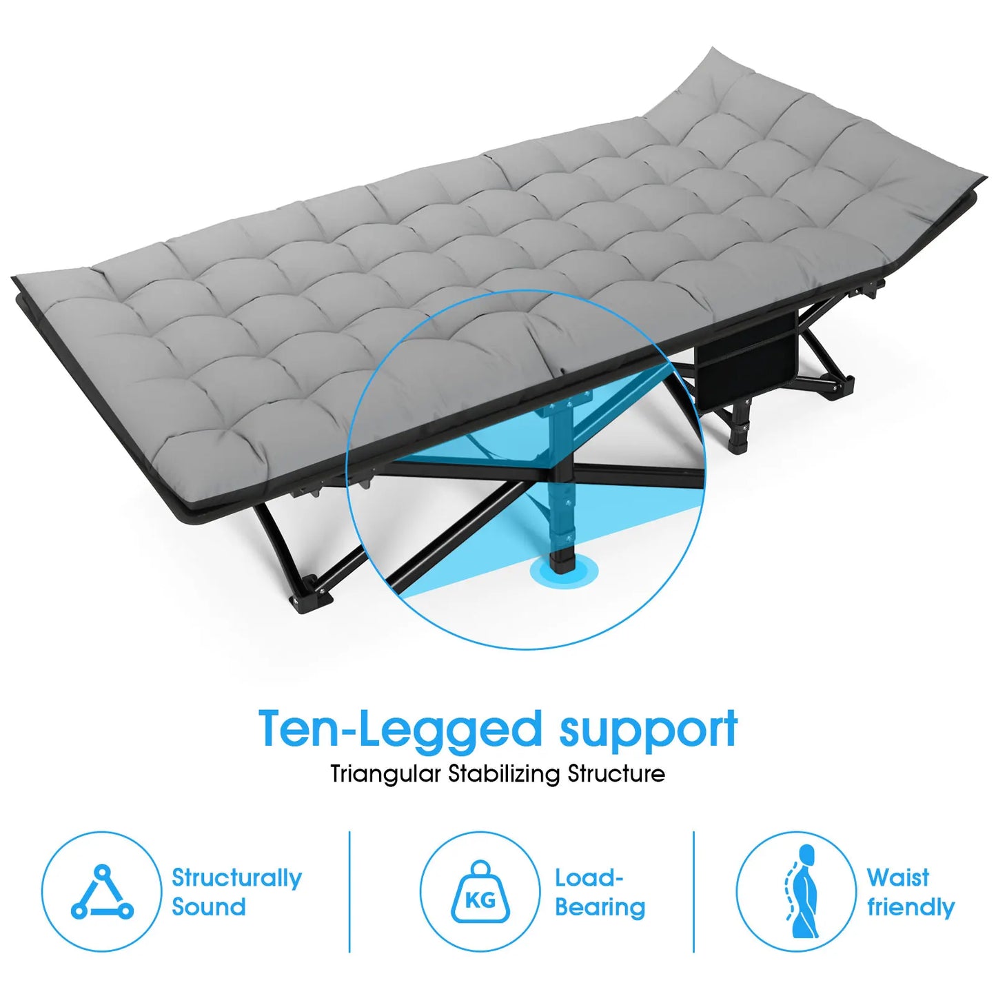 Opvouwbaar Campingbed - Kampeerbed - Veldbed - Vouwbed - Ligbed - Draagbaar - Opvouwbaar - 200KG Capaciteit - Grijs - QUORE