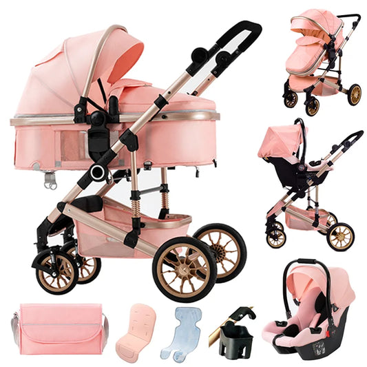 Kinderwagen - Buggy - Baby Kinderwagen 3 in 1 - Luxe Opvouwbare Wandelwagen - Baby Autostoel - Hoog Landschap Babywagen - voor Pasgeborenen - Inclusief Veiligheidszitje - Roze