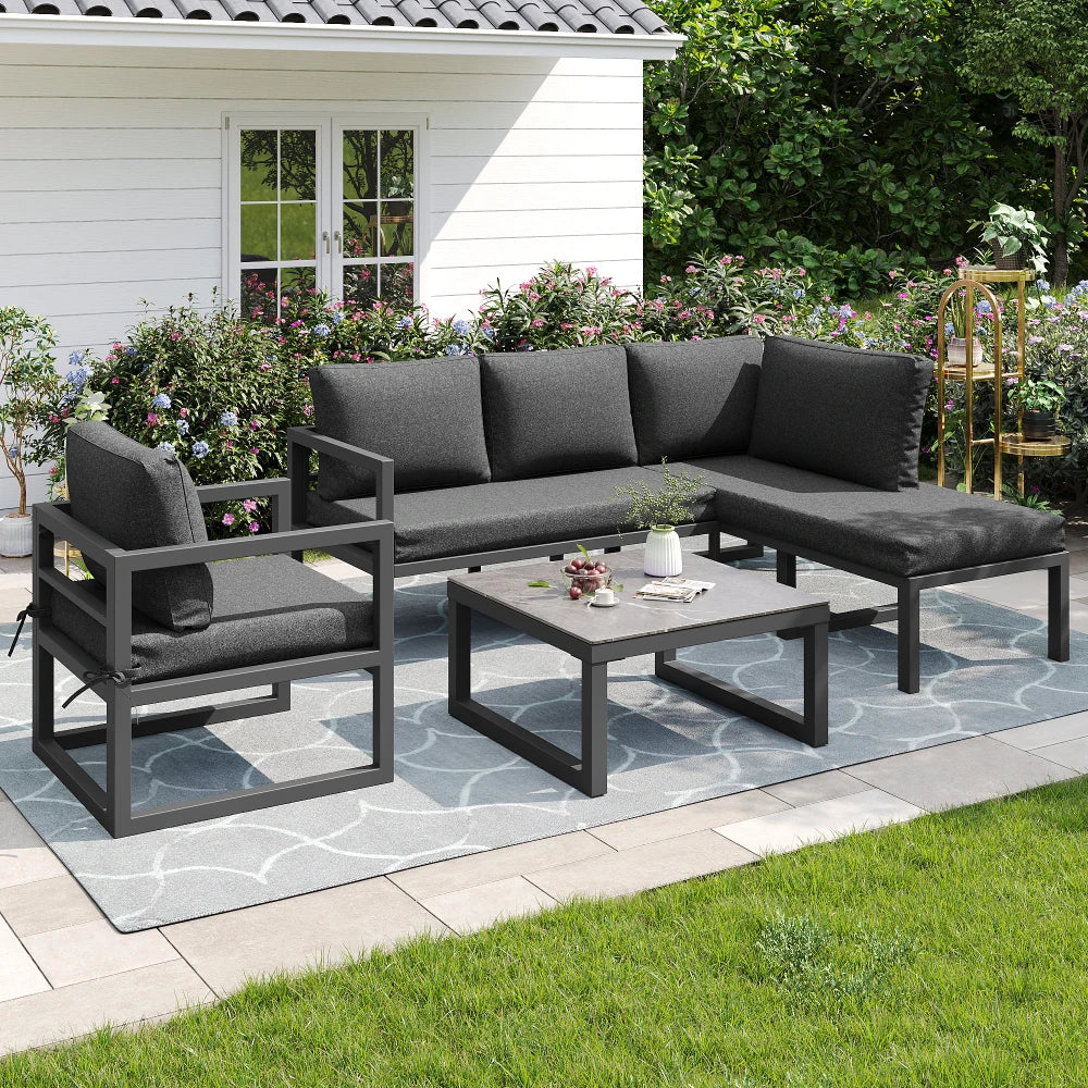 Loungebank – Tuinbank – Loungeset – 4-Persoons Tuinset – Buitenmeubel – Verstelbare Poten – Gehard Glas Met Marmerlook