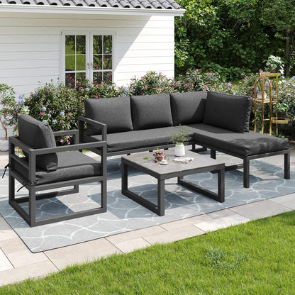 Loungebank – Tuinbank – Loungeset – 4-Persoons Tuinset – Buitenmeubel – Verstelbare Poten – Gehard Glas Met Marmerlook