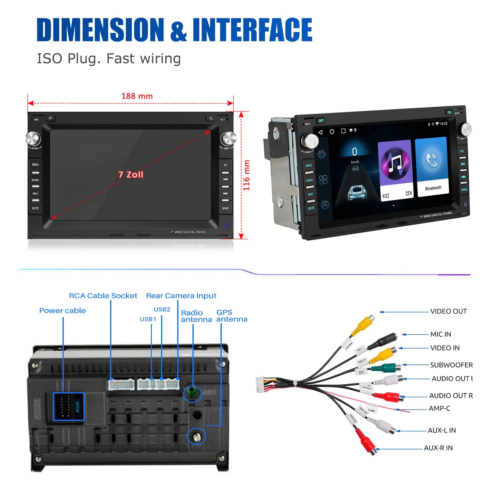 Multimedia Speler Auto – Autoradio Android Unit – Touchscreen Navigatie Systeem – CarPlay Android Auto – 7 Inch Full Touchscreen – Draadloze GPS WiFi Compatible Volkswagen - QUORE
