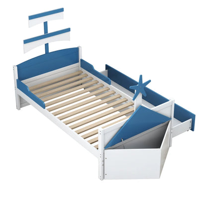 Houten kinderbed - Zeilbootvorm - Lades - Opbergkast Aan Het Einde Van Het Bed - Eenpersoonsbed - Blauw