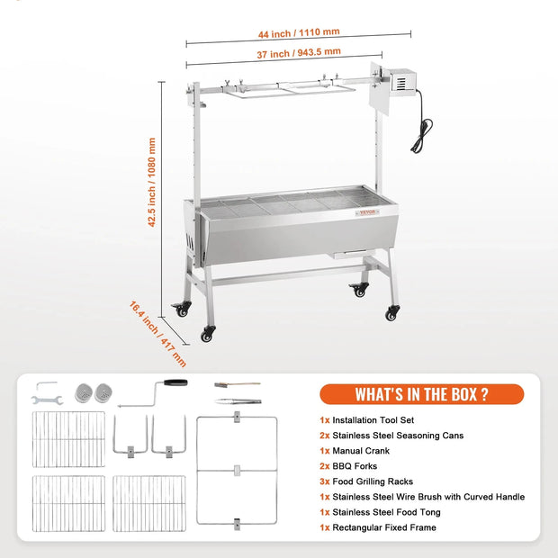 Electric BBQ Rotisserie Grill Kit - Grill Rotisserie Kit - 4RPM - Electric BBQ with Motor - Stainless Steel Automatic Grill Set - Hexagonal Spit Rod - Stainless Steel - 35inch - BBQ Whole Lamb &amp; Goat - Silver