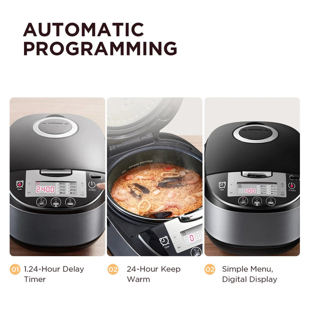 Rijstkoker met Stomer - met Opwarmende Functie - 11 functies - Slowcooker - Rice Cooker - Warmhoudfunctie - 5 tot 6 Personen - RVS - Multi Cooker - Anti-aanbaklaag binnenpan - ‎Geborsteld zwart