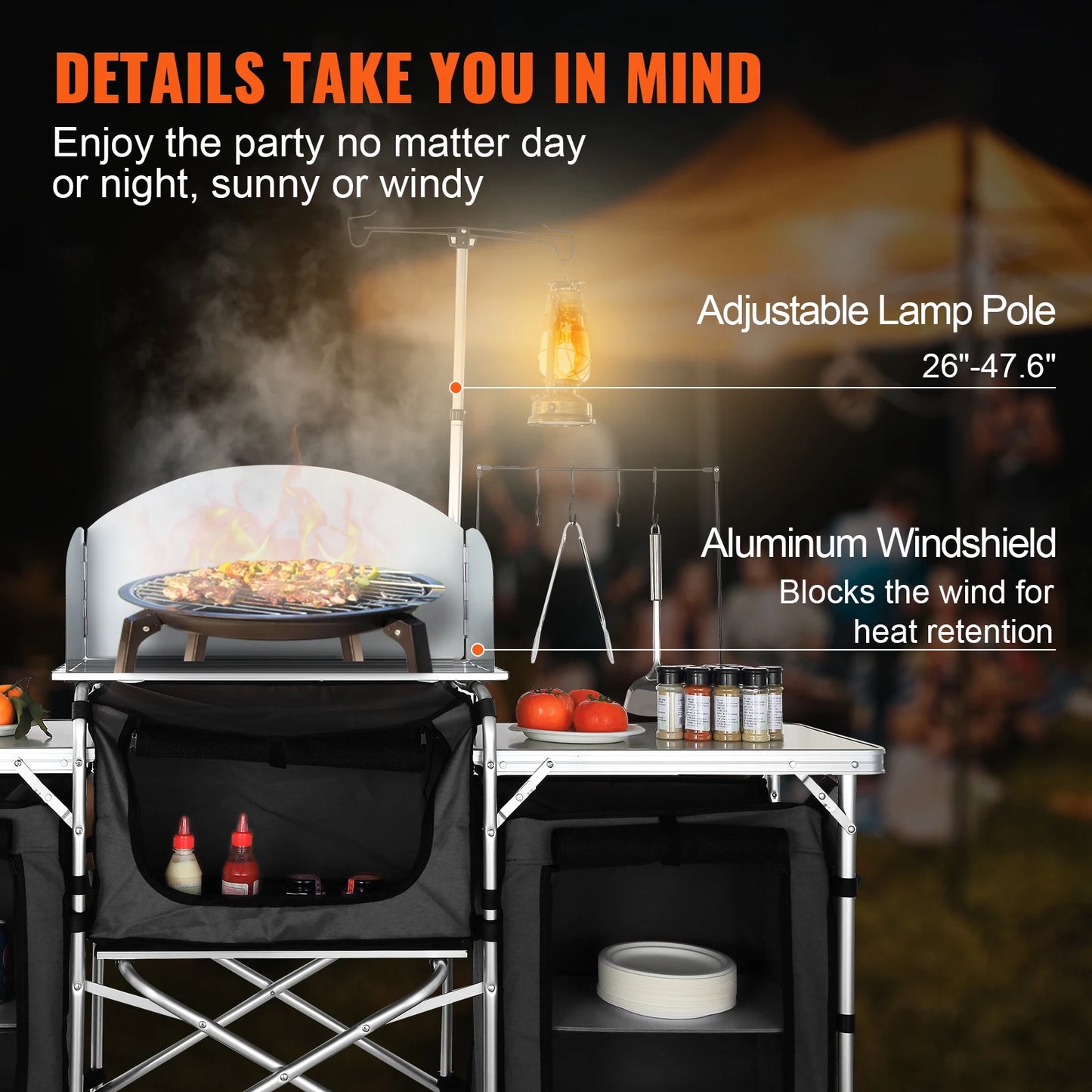 Camping Keukentafel - Camping Keuken - Kampeerkeuken - Buiten Keukentafel - Klaptafel - met Opbergkast - Kookstation - Aluminium Frame - met Opbergkast - voor BBQ - Picknick - Camping - QUORE
