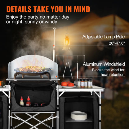 Camping Keukentafel - Camping Keuken - Kampeerkeuken - Buiten Keukentafel - Klaptafel - met Opbergkast - Kookstation - Aluminium Frame - met Opbergkast - voor BBQ - Picknick - Camping - Zwart