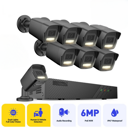 Beveiligingscamera - 5MP - Camerabewaking - Draadloos - voor Buiten - 3K Ultra HD - POE Videobewakingssysteem - 8CH - 6MP NVR Recorder - Smart Dual Lights - IP-camera - 2TB HDD - Zwart