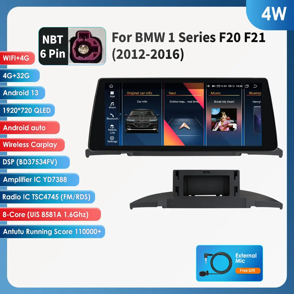 Hizpo Wireless Carplay Android 14 for BMW 1 Series F20 F21 NBT Systems 2011 - 2016 Multimedia Player Auto Radio Screen GPS Video - QUORE