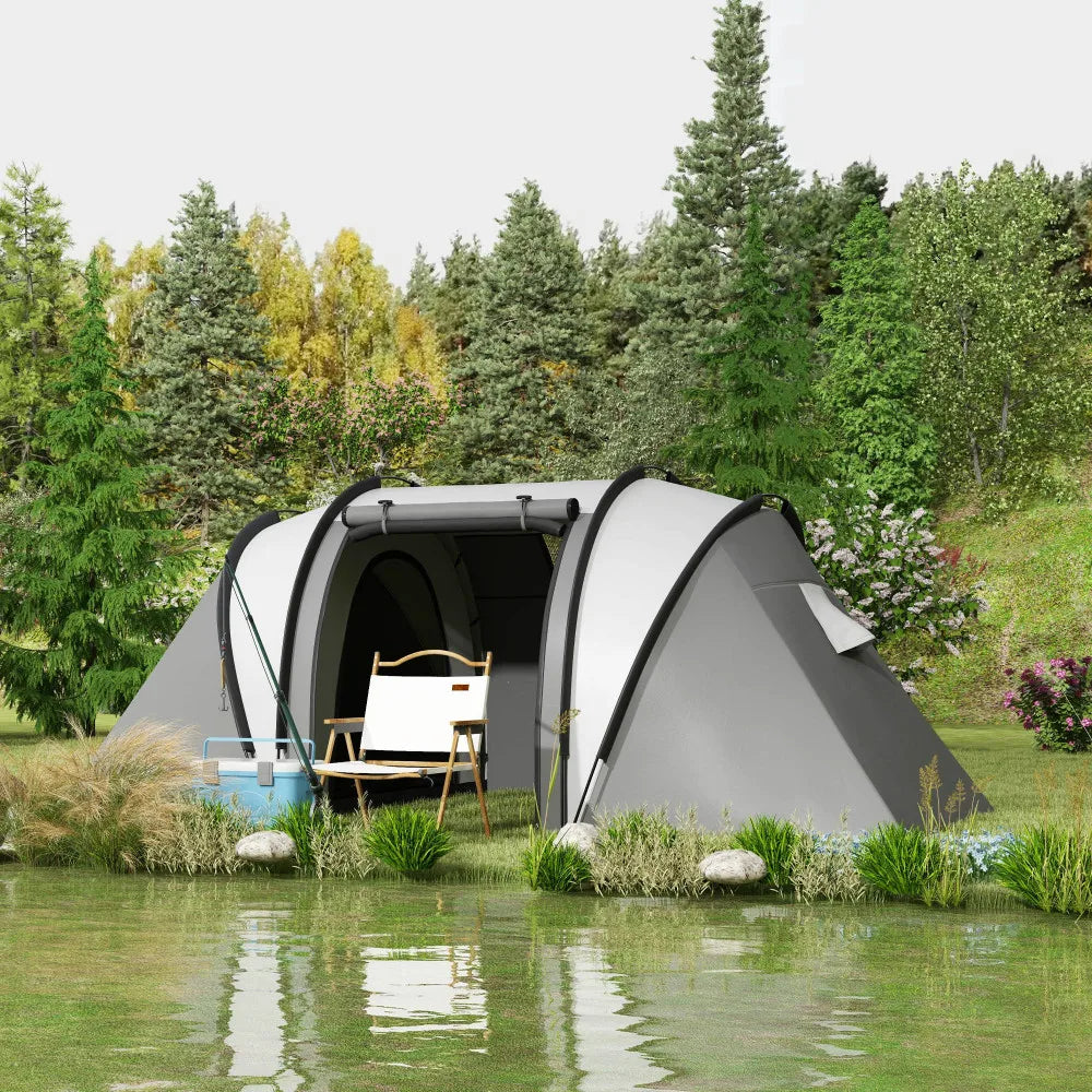Tent – Familietent – Kampeertent – Tunnelvormige Tent – 4-5 Personen – Waterdicht 3000 Mm – Twee Aparte Slaapcabines - 450 x 220 x 180 cm - Donkergrijs
