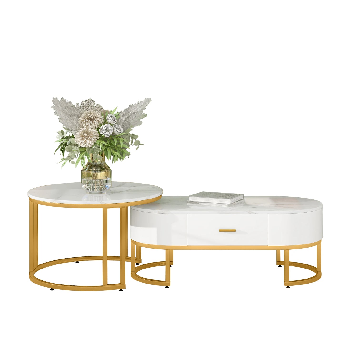 2-delige Salontafelset – Koffietafel – Bijzettafel – Woontafel – Lounge Tafel – Wit – Gouden Metalen Frame – Ruimtebesparend Ovaal Design