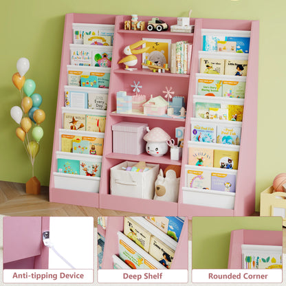 Kinderboekenkast – Kinderrek – Boekenkast – Speelgoedkast – Opbergkast – Roze Variant – 14 Planken – Stevig Hout 129,5x120x35 cm