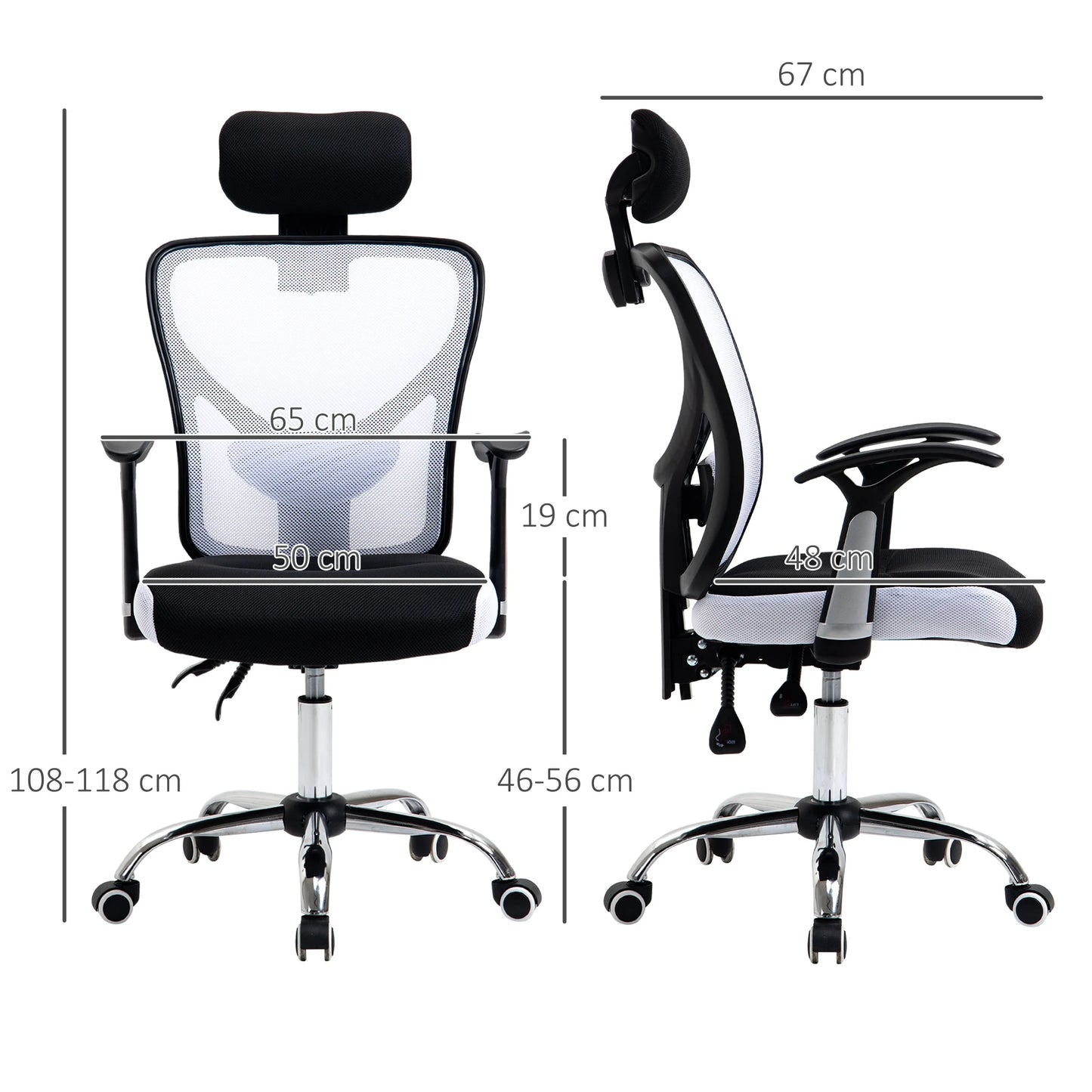 Bureaustoel - Swivel Stoel - met Voetsteun - Hoofdsteun - Verstelbare - Rugleuning - Lendenkussen - Ergonomische - Draaibare - 62 x 67 x 118 cm - Zwart & Wit