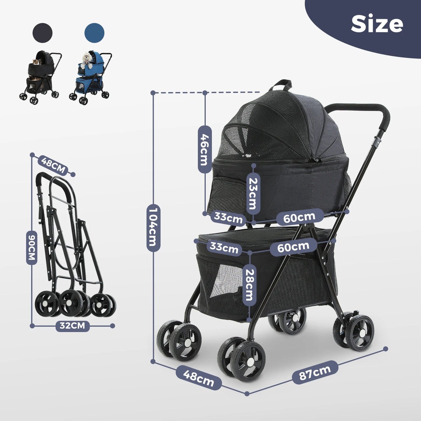 Foldable Pet Stroller with 4 Wheels, Double Dog Stroller for Travel Walking, Detachble Portable Pet Bag for Small Cats or Dogs