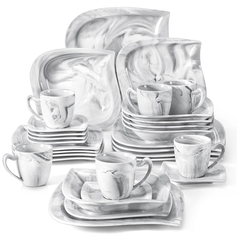 Serviesset – Servies - Plate - Marmer Grijs - 30-Delige - Compleet Tafelservies - Borden, Soepborden, Kopjes - Schotels – Geschikt voor 6 Personen
