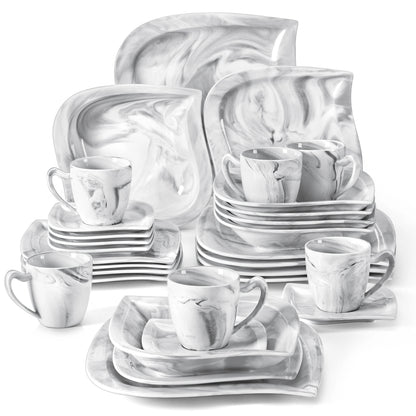 Serviesset – Servies - Plate - Marmer Grijs - 30-Delige - Compleet Tafelservies - Borden, Soepborden, Kopjes - Schotels – Geschikt voor 12 Personen