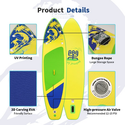 Supboard - Paddle Board - Peddelplank - Surfplank - Opblaasbaar - met Zitje - Inc. Peddel - Vin - Leash - Riem - Handpomp - Rugzak - 350 x 87 x 15 cm - Geel