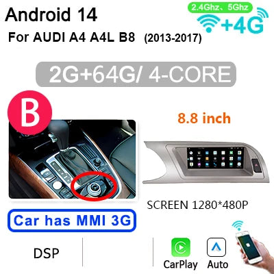 Autoradio Audi A4 B8 – Multimedia Speler – Touchscreen Radio – 2 DIN Systeem – Android 14 – 8.8 Inch Scherm – 8GB RAM & 256GB Opslag – 4G LTE Connectiviteit