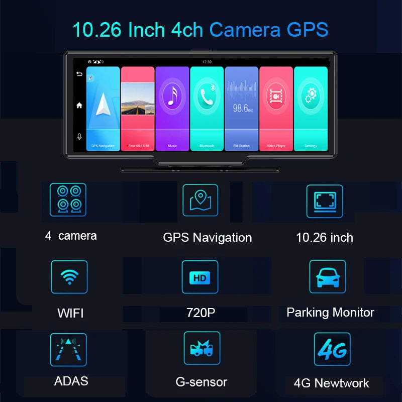 10.26 Inch Touch Screen 4 Cameras Dashcam 4G Android 9 WiFi ADAS 2GB+32GB GPS 360° Panoramic Video Recorder Parking Monitor