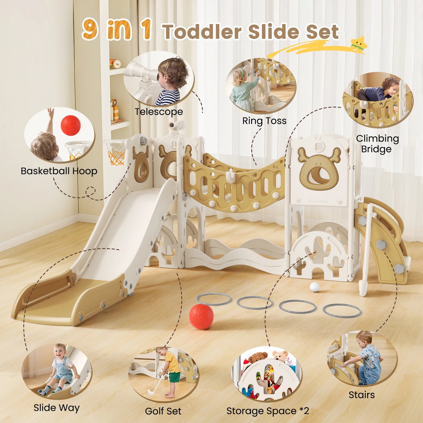 9-in-1 Speeltoestel Kinderen – Speelset Binnen – Klimrek – Glijbaan – Schommel – Basketbalring – Compact Ontwerp – Veilig & Duurzaam – Chocolade Variant