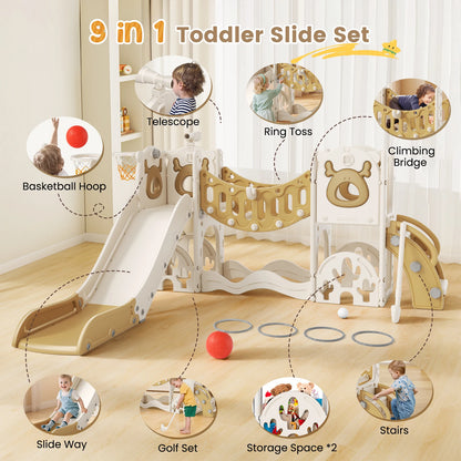 9-in-1 Speeltoestel Kinderen – Speelset Binnen – Klimrek – Glijbaan – Schommel – Basketbalring – Compact Ontwerp – Veilig & Duurzaam – Chocolade Variant