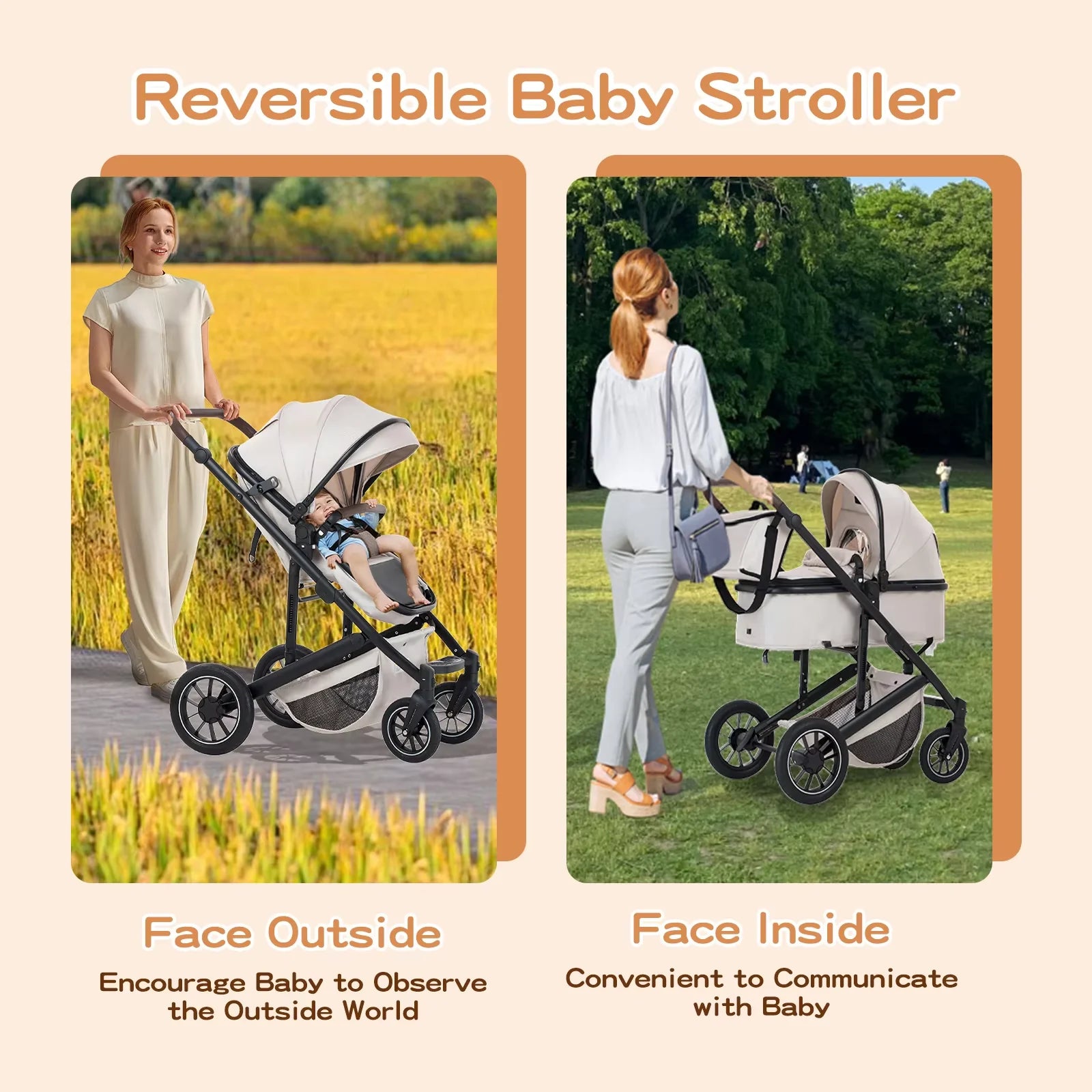 Babywagen - Kinderwagen - Buggy - Wandelwagen - 3-in-1 - met Reiswieg - en Autostoel - Opvouwbaar - Lichtgewicht - Aluminium Frame - voor Baby's - en Peuters - Beige - QUORE
