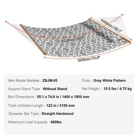Hangmat - Hangmat voor Twee Personen - Hangmat 2 Persoons - Hanging Chair - Hamac - Hammock Chair -  12ft - Dubbele hangmat - met afneembaar kussen en kettingen - voor kamperen, buiten, tuin en strand - capaciteit van 480 lbs