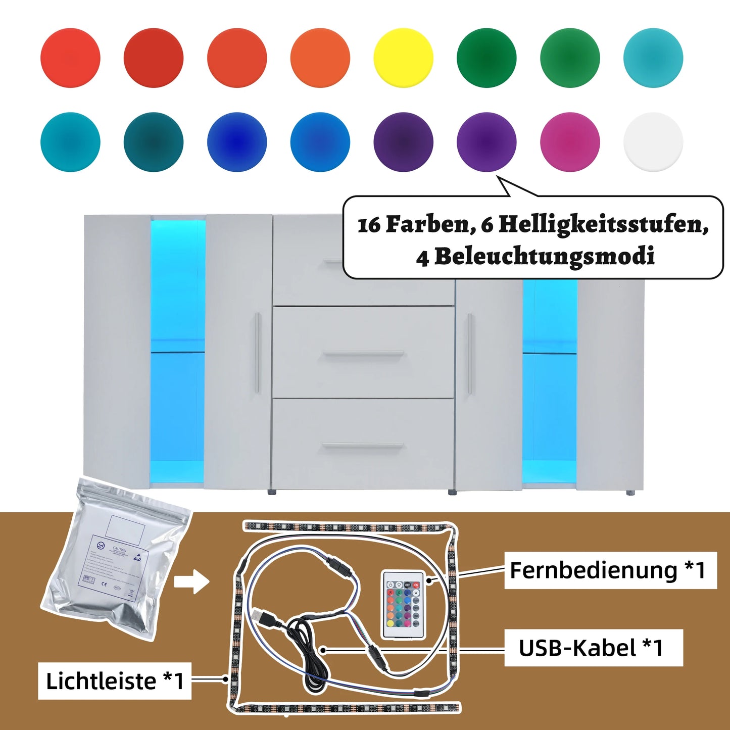 TV Sideboard Dresser Fittings Media Stand Wardrobe Storage Cabinet,LED lighting,Lowboard,with 16 Colors LED Lights for Dining