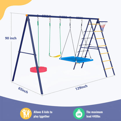 Blue Multi-Activity Swing Set with Climbing Frame, Basketball Hoop & 3-Seat Swings, Heavy-Duty Outdoor Playset for Backyard, Kid