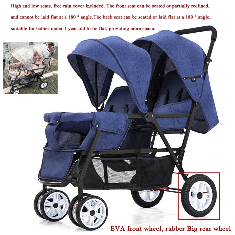 Duo Kinderwagen - Duo Buggy - Dubbele Buggy - Opvouwbare -  Verstelbare Rugleuning - Regenhoes - 72 × 42 × 97 cm - Blauw - QUORE