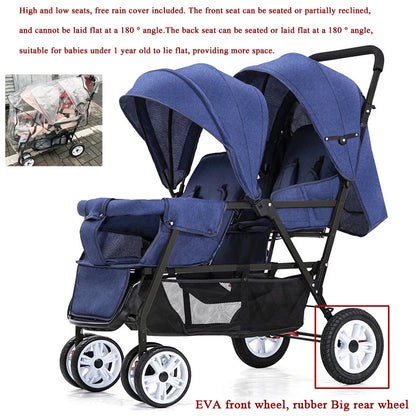 Duo Kinderwagen - Duo Buggy - Dubbele Buggy - Opvouwbare -  Verstelbare Rugleuning - Regenhoes - 72 × 42 × 97 cm - Blauw - QUORE