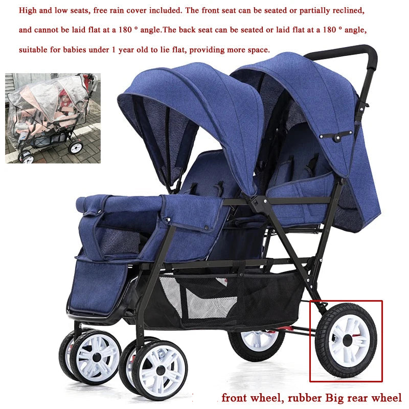Dubbele Kinderwagen - Tweeling Kinderwagen - Duo Buggy - Duo kinderwagen - 2 Omvormbare Zitjes - en Reiswiegjes - Blauw
