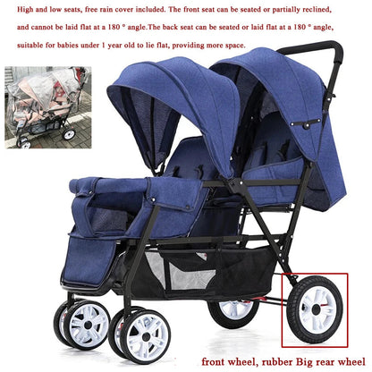 Dubbele Kinderwagen - Tweeling Kinderwagen - Duo Buggy - Duo kinderwagen - 2 Omvormbare Zitjes - en Reiswiegjes - Blauw