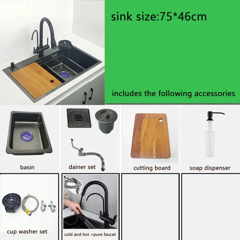 Nano Kitchen Sink Matte Black Above Mount Washing Basin with chopping board 304 Stainless Steel Single black kitchen sink