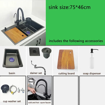 Nano Kitchen Sink Matte Black Above Mount Washing Basin with chopping board 304 Stainless Steel Single black kitchen sink