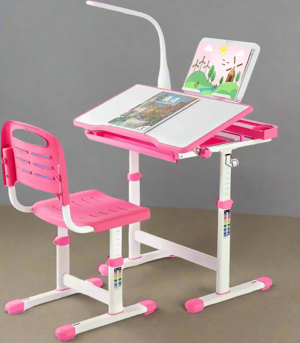 Kinderbureau Set – Kindertafel – Kinderstoelen Set – Kleuter Bureau – Leerbureau – Verstelbaar Bureau & Stoel – Inklapbaar Tafelblad Met LED Leeslamp - Roze