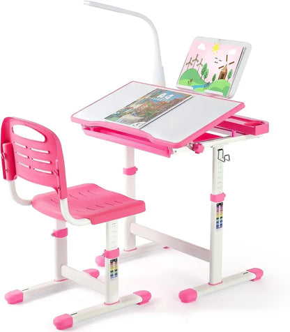 Kinderbureau Set – Kindertafel – Kinderstoelen Set – Kleuter Bureau – Leerbureau – Verstelbaar Bureau & Stoel – Inklapbaar Tafelblad Met LED Leeslamp - Roze