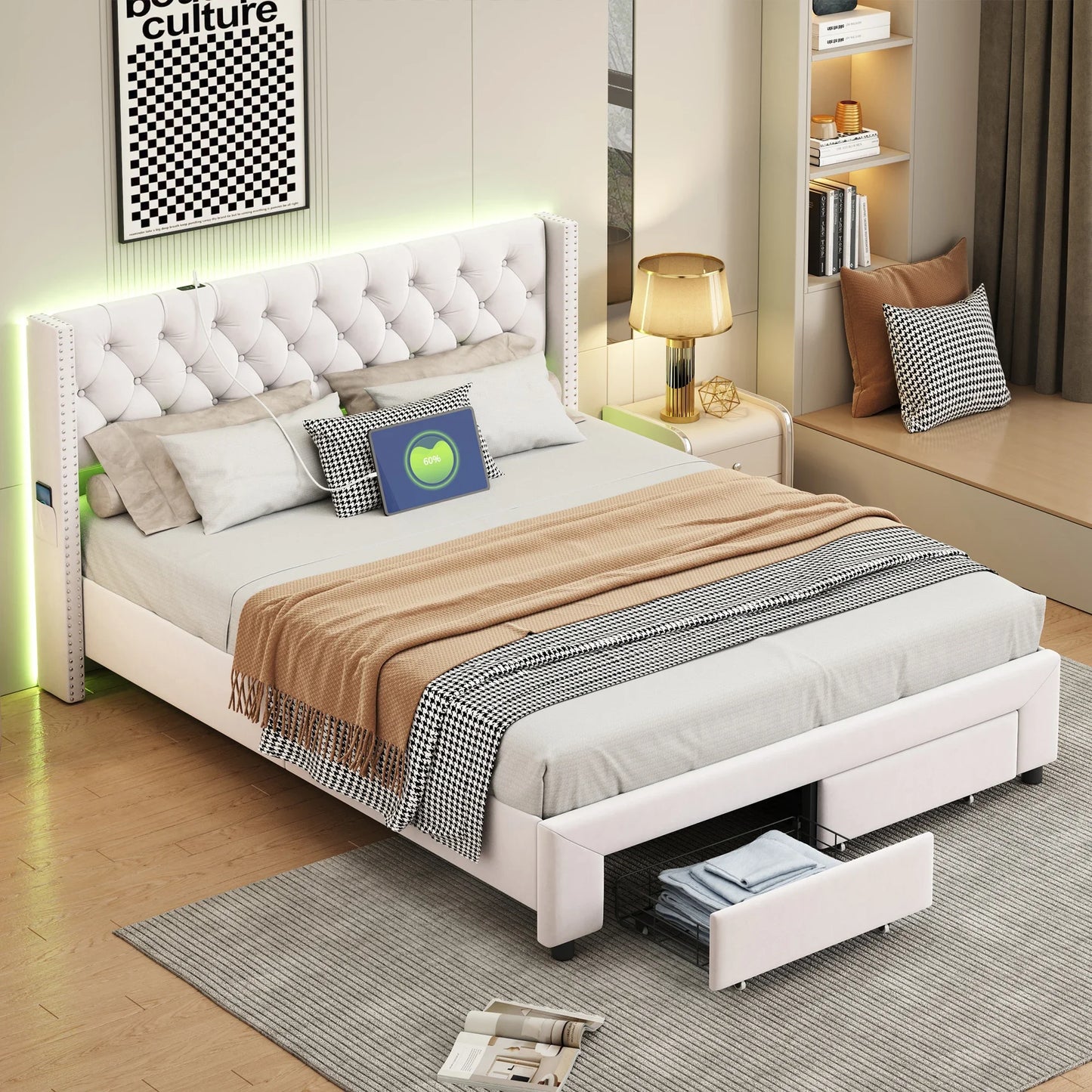 Velvet Bed – Fluwelen Bed – Modern Bed – Slaapkamer Bed – LED-Verlichting – Opbergruimte – Stevig Hout