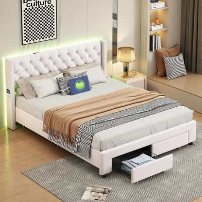 Velvet Bed – Fluwelen Bed – Modern Bed – Slaapkamer Bed – LED-Verlichting – Opbergruimte – Stevig Hout