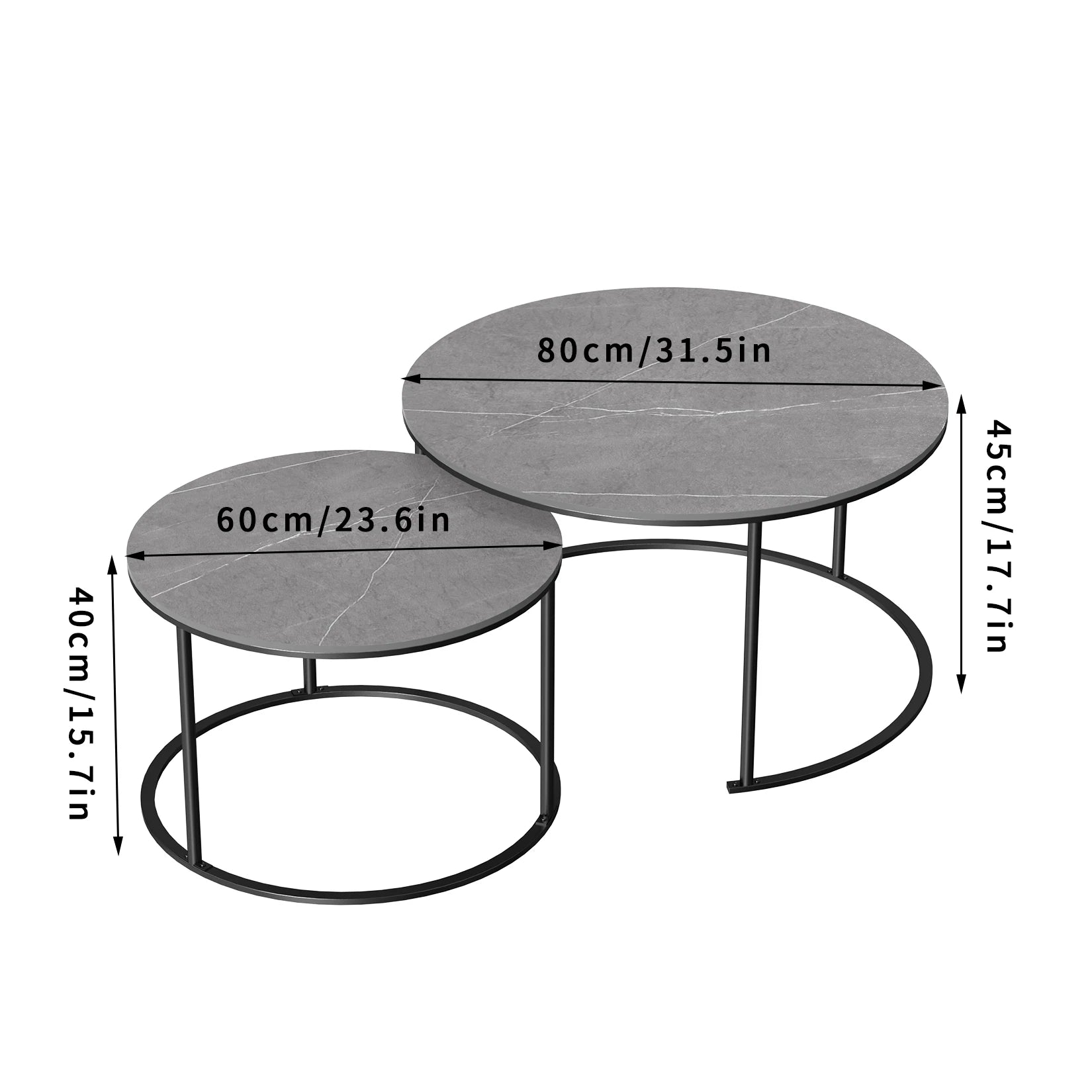 Salontafel - Tafel - Koffietafel - Dining Table - Set van 2 - Natuurlijke Marmeren Nesttafels in Donkergrijs met Metalen Poten - Rond - QUORE