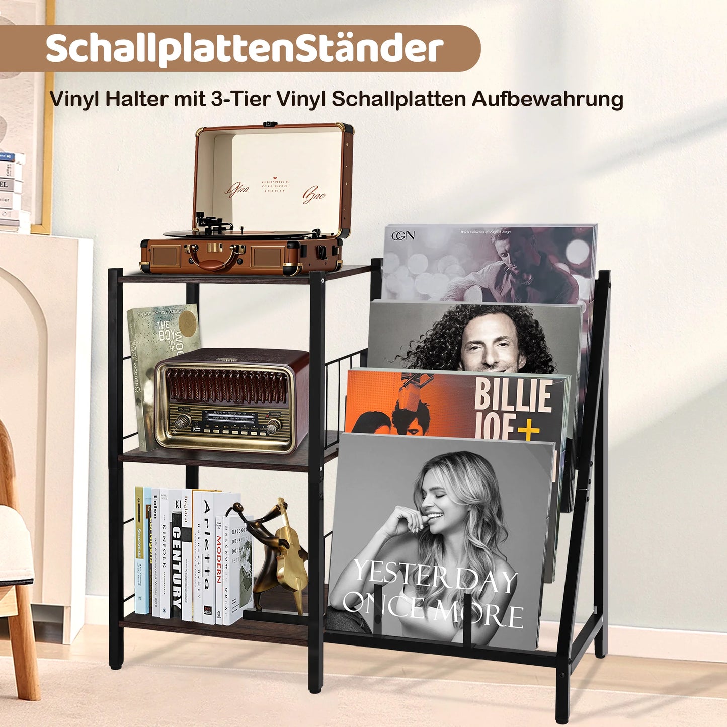 Vinylrek – Vinylplank – Platenkast – Opbergkast – Boekenkast – Duurzaam Waterbestendig Hout – Robuust Metalen Frame - 84 x 30 x 75.5 cm - Zwart